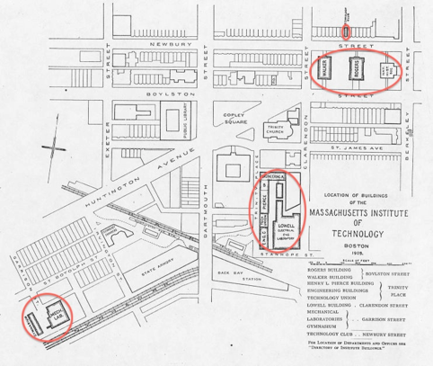 A map of MIT in 1905, back when the campus was still in Boston. The Lowell building (home to Course 6) is circled.